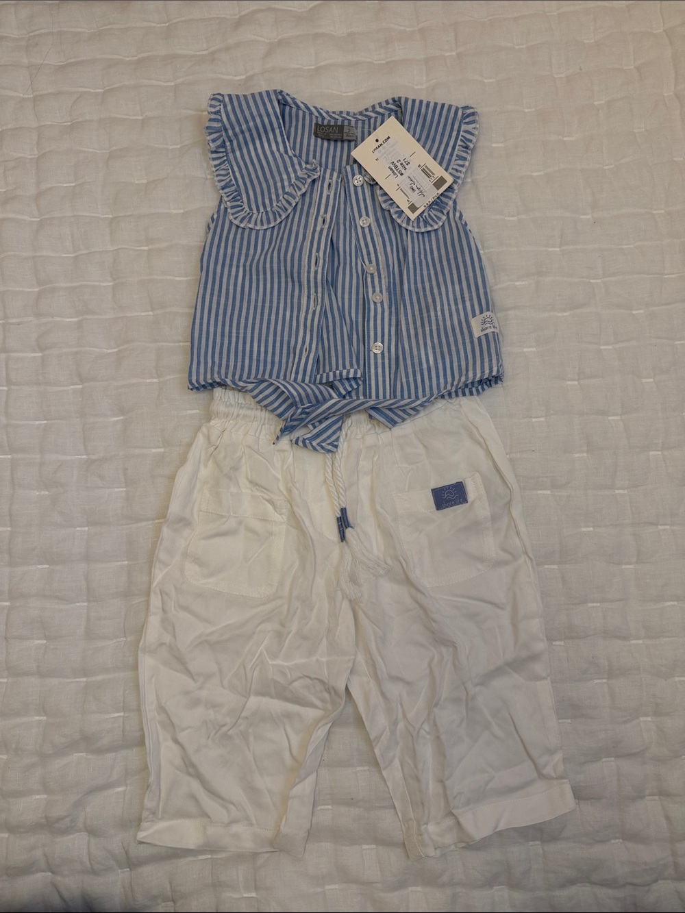 LOSAN Blue Striped Sleeveless Beach Set with White Pants